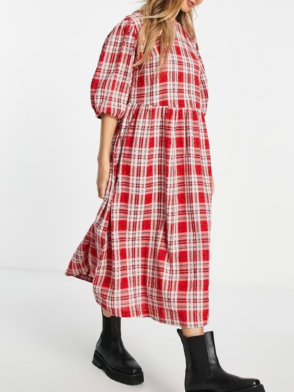 MONKI Red Plaid SEERSUCKER Midi Dress with Puff Sleeves WOMEN SIZE S